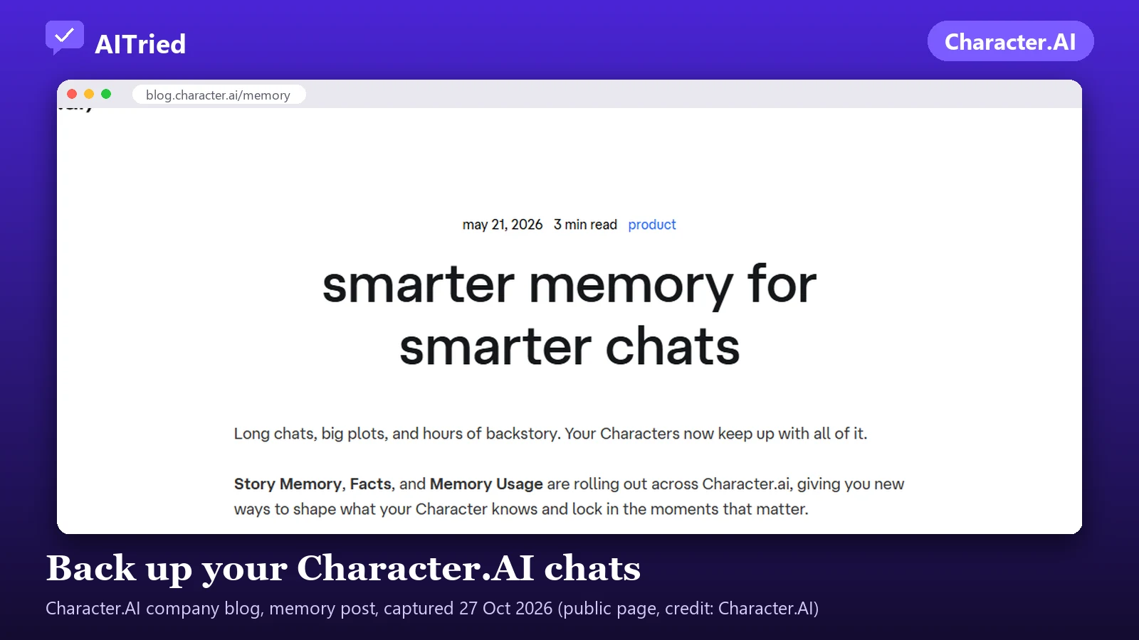Screenshot of Character.AI (company blog, memory post), captured 27 October 2026