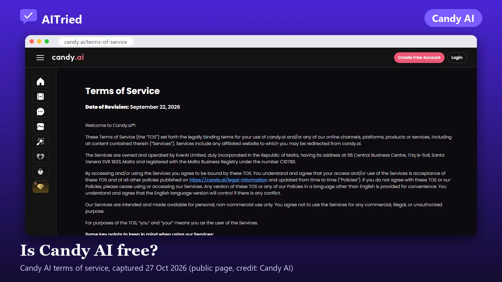 Screenshot of Candy AI (terms of service), captured 27 October 2026