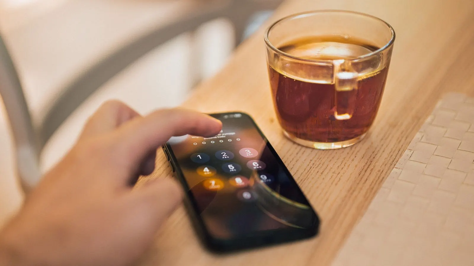A hand unlocking a smartphone beside a cup of tea on a wooden table