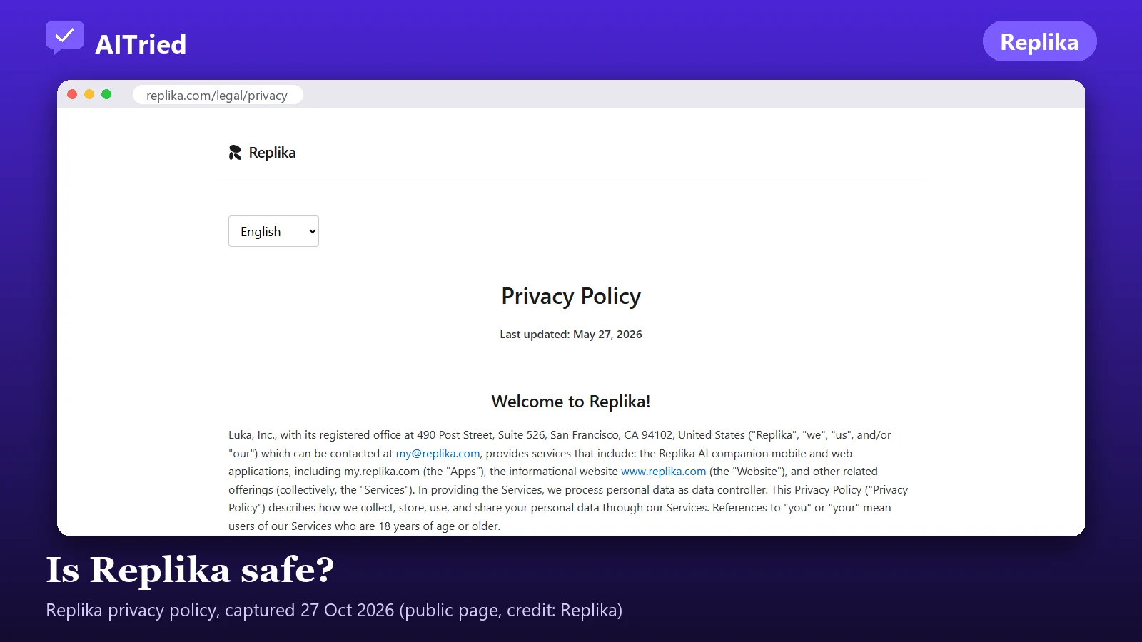 Screenshot of Replika (privacy policy), captured 27 October 2026