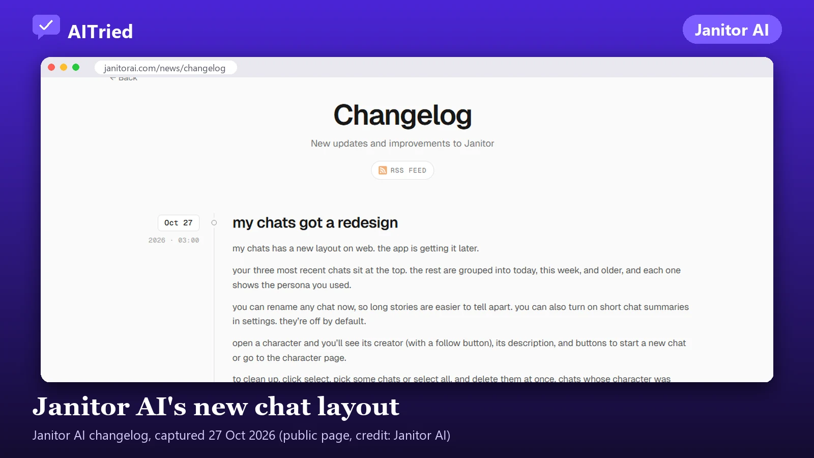 Screenshot of Janitor AI (changelog), captured 27 October 2026