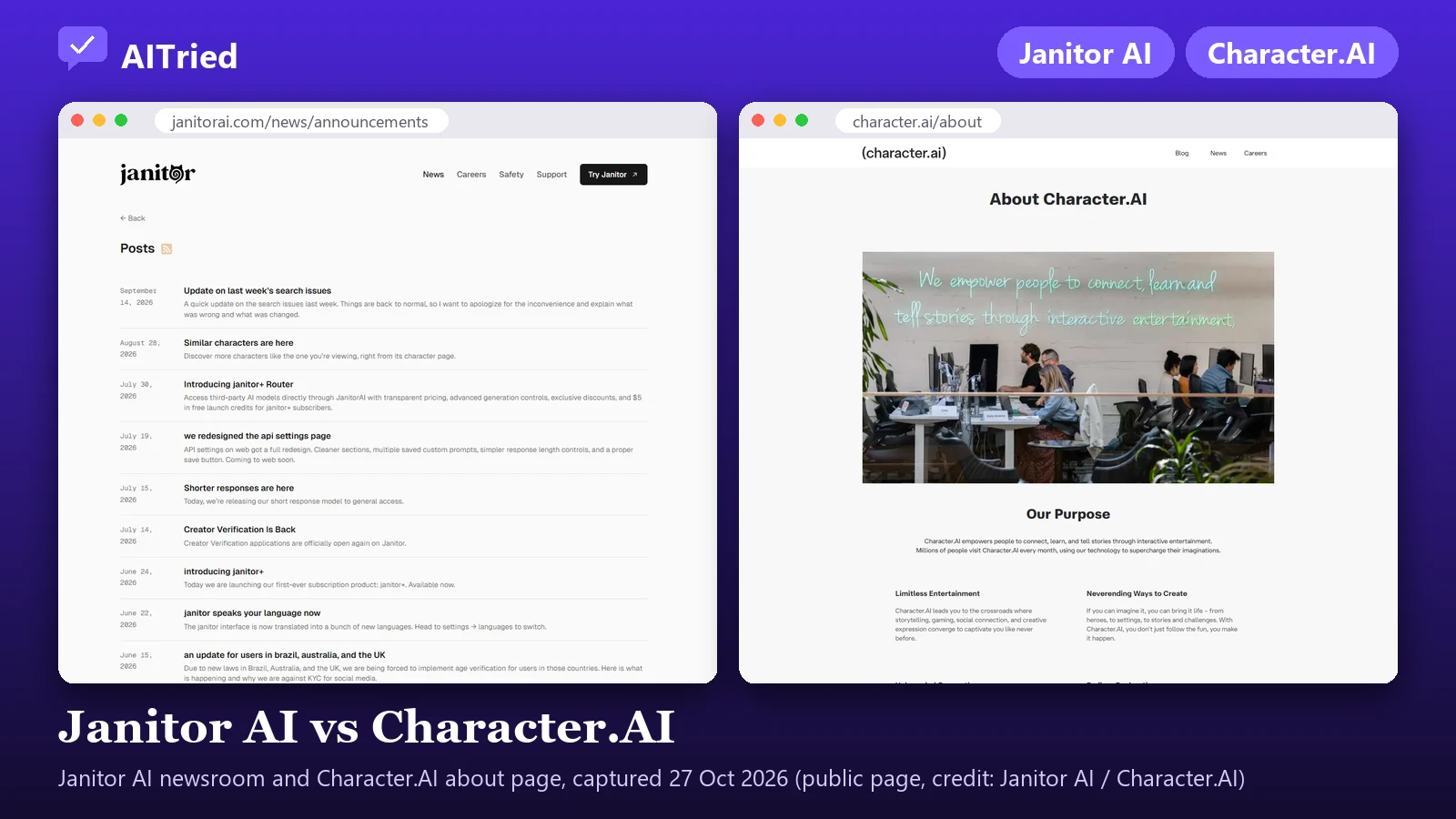 Screenshot of Janitor AI (newsroom) and Character.AI (about page), captured 27 October 2026