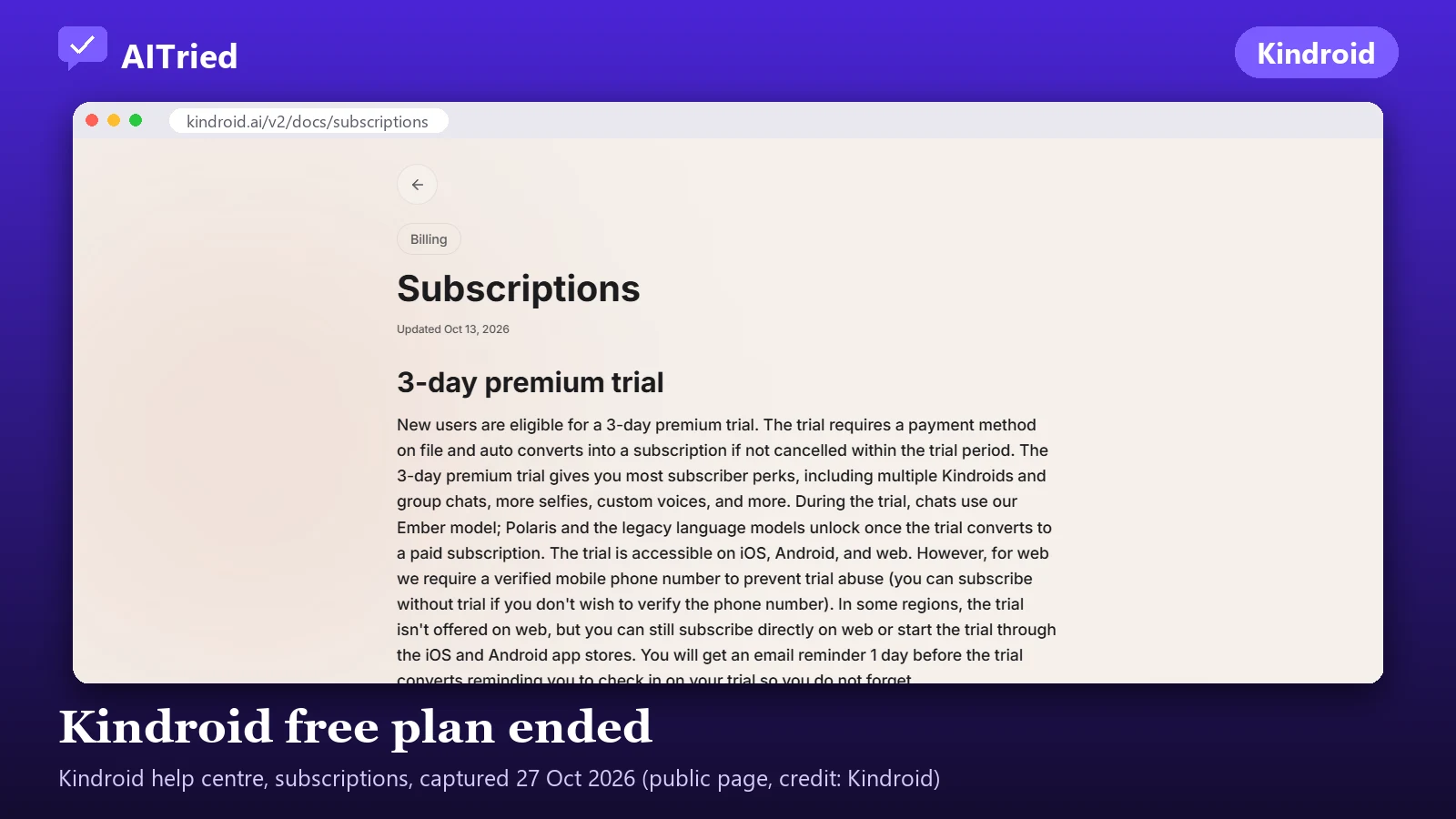 Screenshot of Kindroid (help centre, subscriptions), captured 27 October 2026