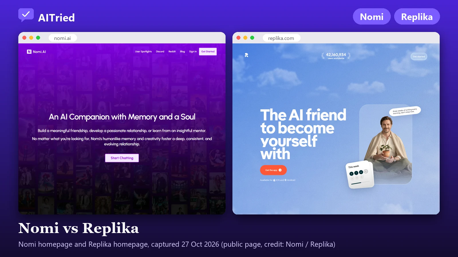 Screenshot of Nomi (homepage) and Replika (homepage), captured 27 October 2026