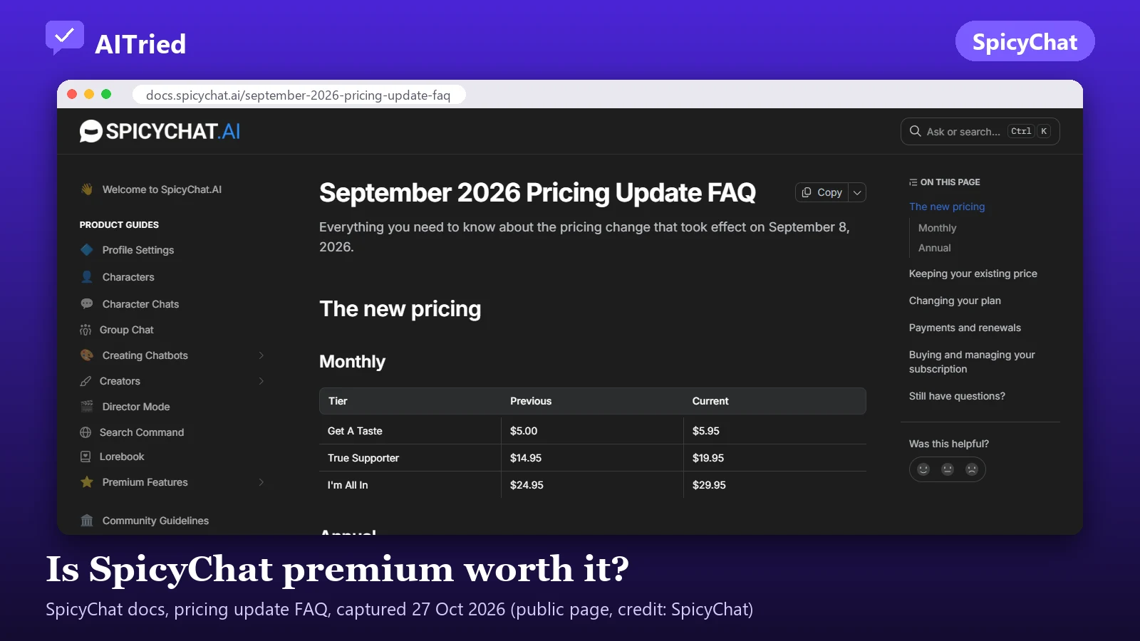 Screenshot of SpicyChat (docs, pricing update FAQ), captured 27 October 2026